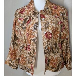 Hearts Of Palm Jacket Womens Size 16 Bohemian Orange Floral Linen Rayon Plus Fal